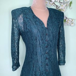 Vintage Betsy’s Things Button Front Lace Midi Dress 3/4 Sleeve Corset Tie Back